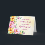 Spring Bllower Mother in Law Birthday Card Karte<br><div class="desc">Hübsche und nachdenkliche Grußkarte für Ihre Mutter im Geburtstag des Gesetzes mit gelben,  lila und rosa Frühlingsblumen,  rustikalem Aquarellmuster und handgeschriebenem Stiltext.</div>