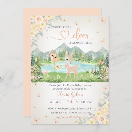 Spring Bloom and Butterflies Deer Baby Shower  Einladung (Vorne/Hinten)