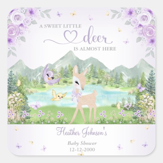Spring Bloom and Butterflies Deer Baby Shower Quadratischer Aufkleber (Vorderseite)
