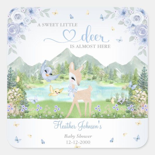 Spring Bloom and Butterflies Deer Baby Shower  Quadratischer Aufkleber (Vorderseite)