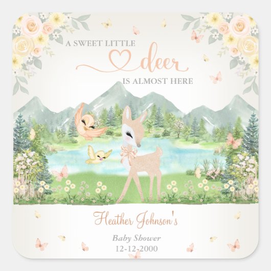 Spring Bloom and Butterflies Deer Baby Shower  Quadratischer Aufkleber (Vorderseite)