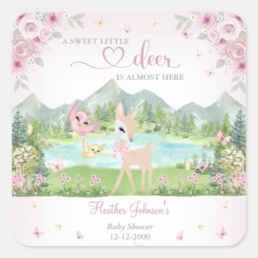 Spring Bloom and Butterflies Deer Baby Shower Quadratischer Aufkleber (Vorderseite)