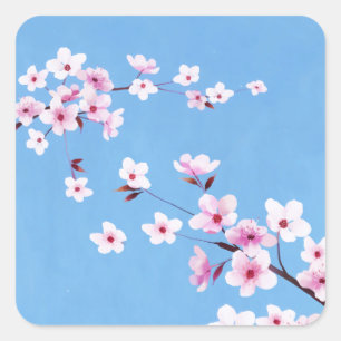 Spring Blue Sky Cherry Blossom Blume Warecolor Quadratischer Aufkleber