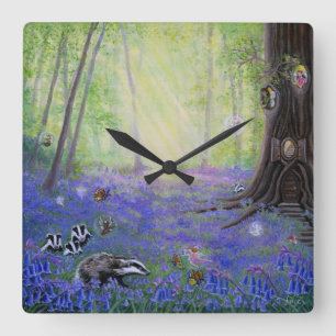 Spring Bluebell Fairies Quadratische Wanduhr