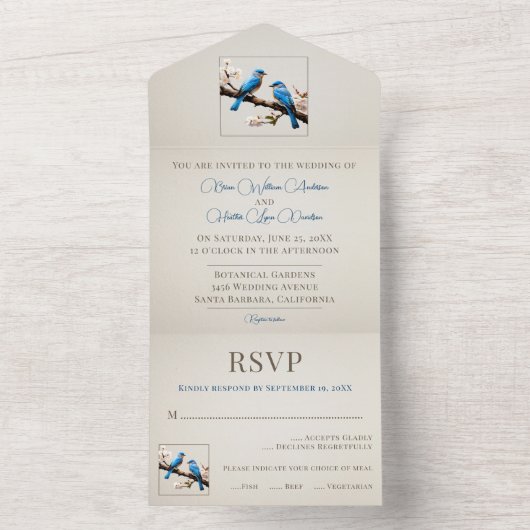 Spring Bluebirds Hochzeit All In One Einladung (Innen Boden)