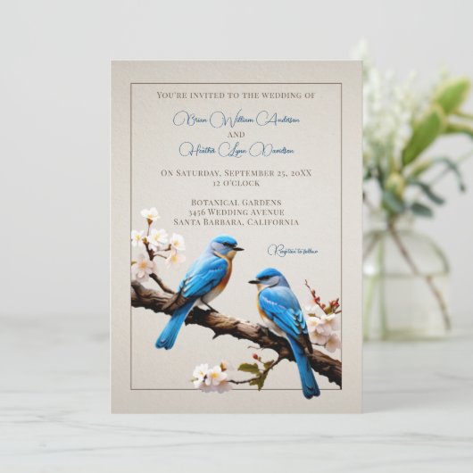 Spring Bluebirds Hochzeit Einladung (Stehend Vorderseite)