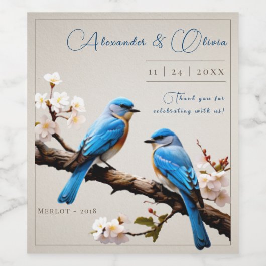 Spring Bluebirds Hochzeit Weinetikett (Einzelnes Label)