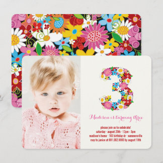 Spring Blumen Chic Three Girl 3. Geburtstag Einlad Einladung