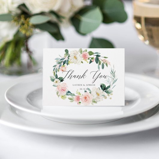 Spring Blush Bloral Wreath Wedding Danke Karte