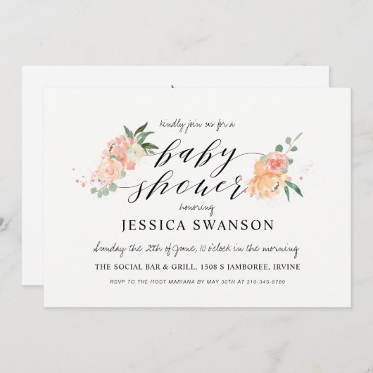 Spring Blush Peach Watercolor Floral Babyshower Einladung (Vorne/Hinten)