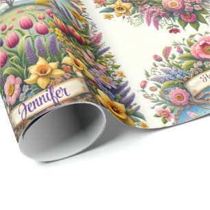 Spring Blwers Banner Name Happy Birthday Tulips Geschenkpapier