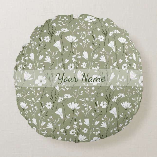 Spring Bobo Wildflowers Sage Green Personalized Rundes Kissen (Vorderseite)