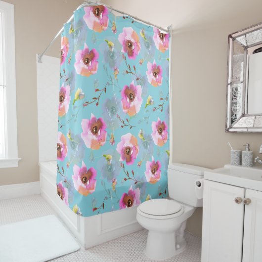 Spring Boho Hand zeichnete Blumenblätter auf aquam Duschvorhang (Beispiel)