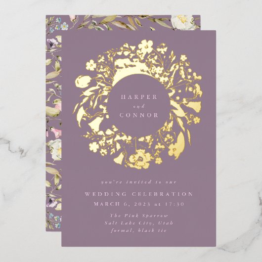 Spring Boho Wildblume Pampas Wreath Wedding Folieneinladung (Vorderseite/Rückseite)
