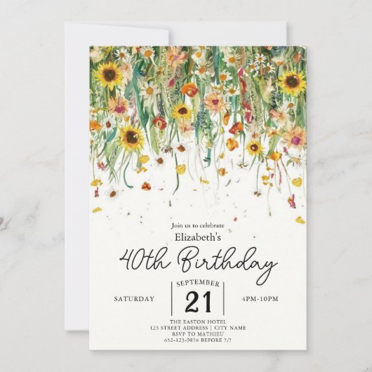 Spring Boho Wildblumen 40. Geburtstag Einladung (Vorderseite)