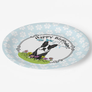 Spring Boston Terrier (schwarzer Niedlicher Hund) Pappteller
