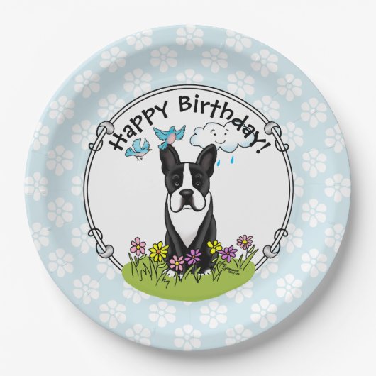 Spring Boston Terrier (schwarzer Niedlicher Hund) Pappteller (Vorderseite)