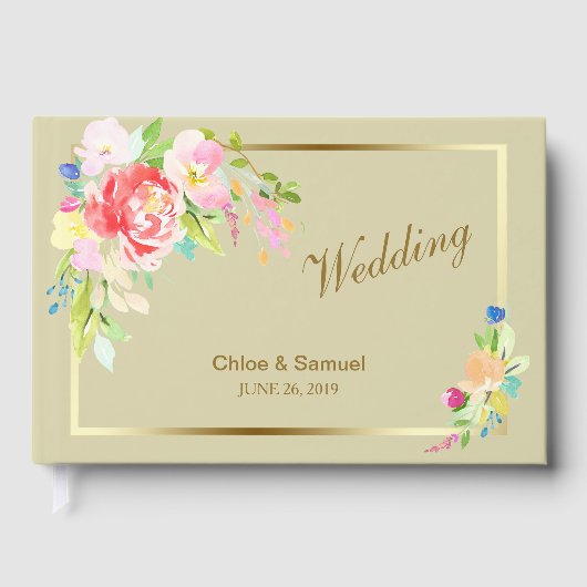 Spring Bouquet Gold Frame Wedding Gästebuch (Vorderseite)