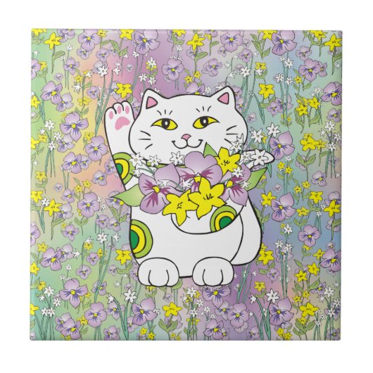 Spring Bouquet Maneki Neko (Lucky Cat) Fliese (Vorderseite)