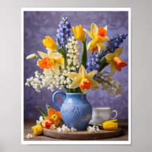 Spring Bouquet von Daffodils Hyacinths Blue Vase