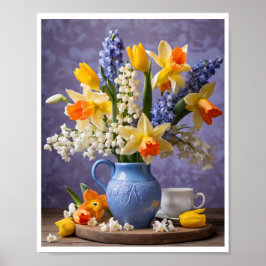 Spring Bouquet von Daffodils Hyacinths Blue Vase Poster