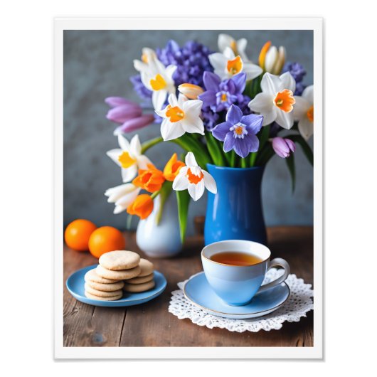 Spring Bouquet von Daffodils Hyacinths Teacup Fotodruck (Vorne)