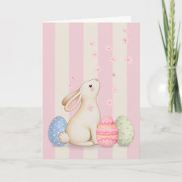 Spring Bunny and Eggs Pink Stripes 5x7 Easter Card Dankeskarte