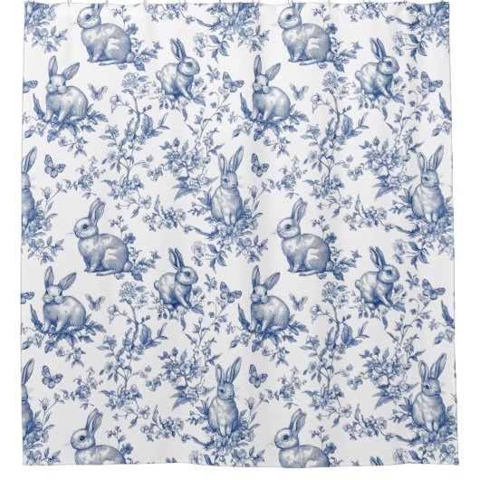 Spring Bunny Blue Chinoiserie Bad Duschvorhang (Vorderseite)