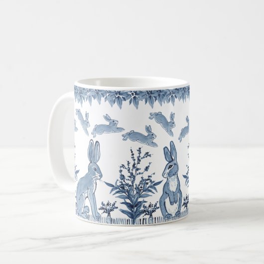Spring Bunny Blue White Rabbit Fun Muster Delft Kaffeetasse (Vorderseite Links)