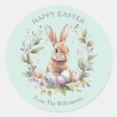 Spring Bunny Easter Eggs Wreath Personalized Runder Aufkleber (Vorderseite)