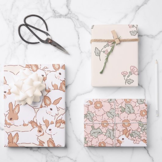 Spring Bunny Floral Osterthema Geschenkpapier Set (Vorderseite)