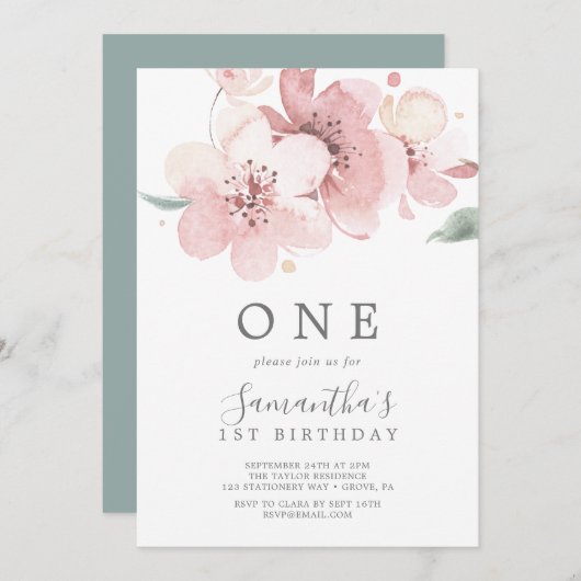 Spring Cherry Blossom Erste Geburtstagsparty Einladung (Vorne/Hinten)