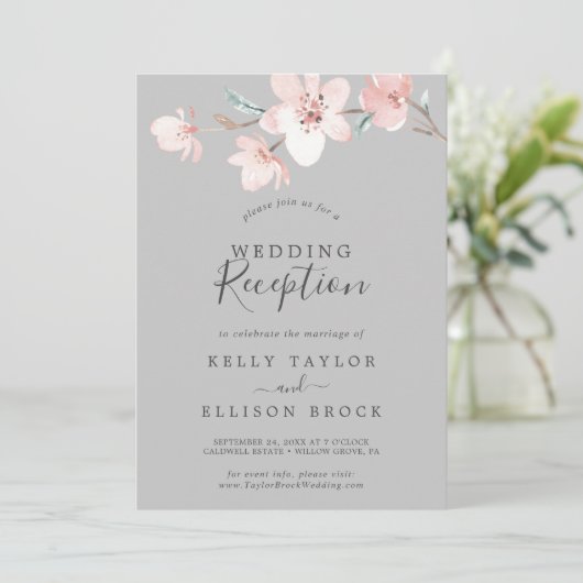 Spring Cherry Blossom | Graue Hochzeitsempfang Einladung (Stehend Vorderseite)