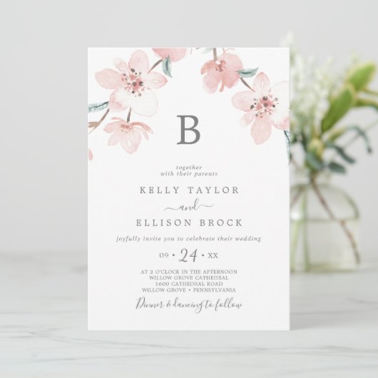 Spring Cherry Blossom Monogram Wedding Einladung (Stehend Vorderseite)