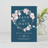Spring Cherry Blossom | Navy Save the Date Card (Stehend Vorderseite)