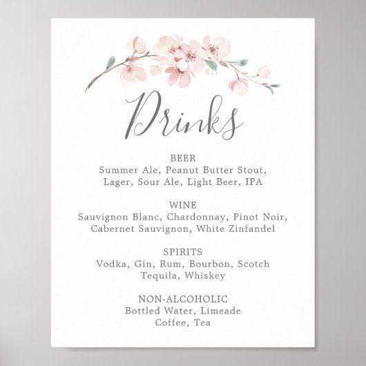 Spring Cherry Blossom Wedding Drinks Menü Zeichen Poster (Vorne)