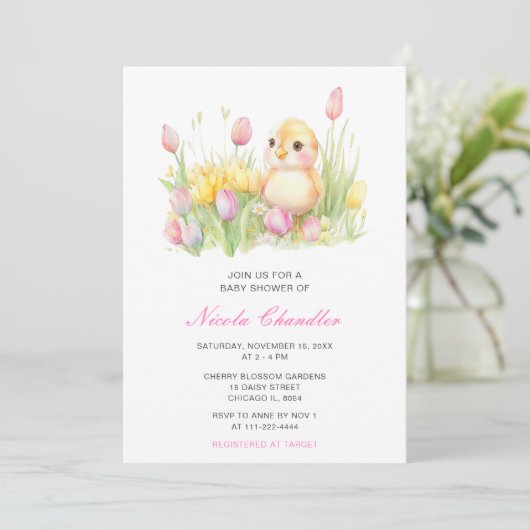Spring Chick Baby Dusche Einladung (Stehend Vorderseite)