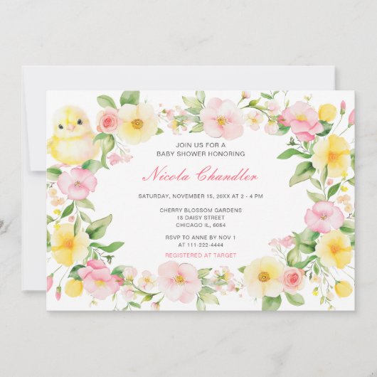 Spring Chick Floral Baby Dusche Einladung (Vorderseite)