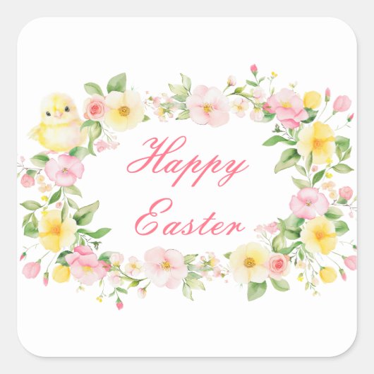 Spring Chick Floral Easter Egg Hunt Party Quadratischer Aufkleber (Vorderseite)