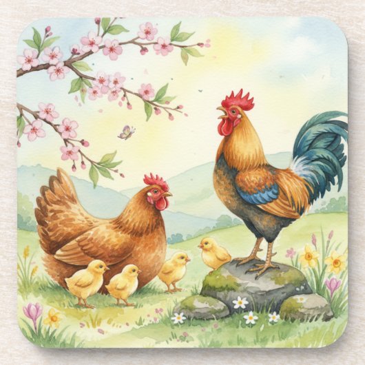 Spring chicken rooster farm country coasters getränkeuntersetzer (Vorderseite)