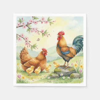 Spring chicken rooster farm country napkins serviette