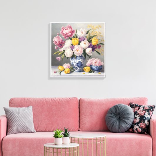 Spring Chinoiserie Blauer Weißer Vase Peonies Tuli Leinwanddruck (Insitu (Wohnzimmer))