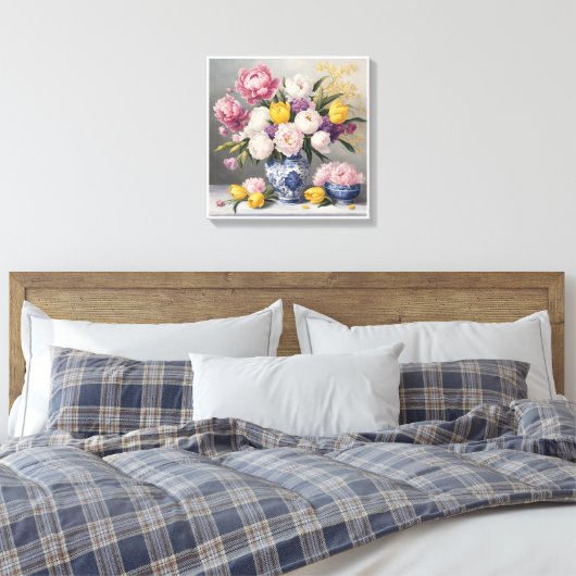 Spring Chinoiserie Blauer Weißer Vase Peonies Tuli Leinwanddruck (Insitu (Schlafzimmer))