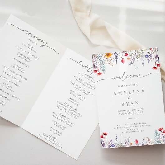 Spring Colorful Wildflower Minimal Folded Wedding Programm