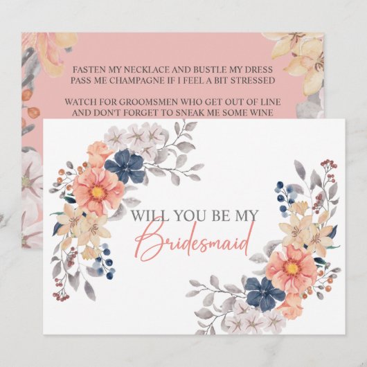 Spring Coral Navy Floral werden Sie meine Bridesma Einladung (Vorne/Hinten)