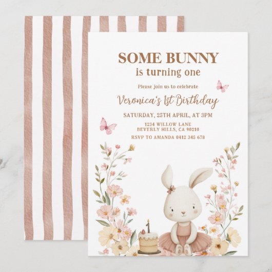 Spring Cute Bunny Rabbit 1st Birthday  Einladung (Vorne/Hinten)