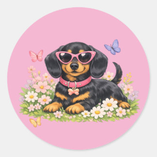 Spring Cute Dachshund in Flower Fields Runder Aufkleber