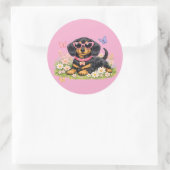 Spring Cute Dachshund in Flower Fields Runder Aufkleber (Tasche)