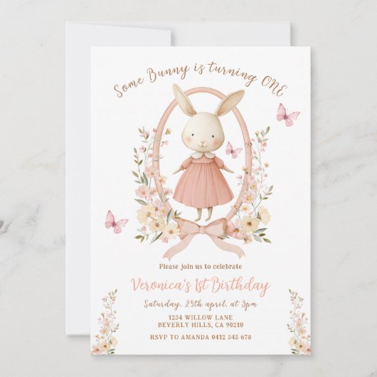 Spring Cute Floral Bunny Rabbit 1st Birthday Einladung (Vorderseite)