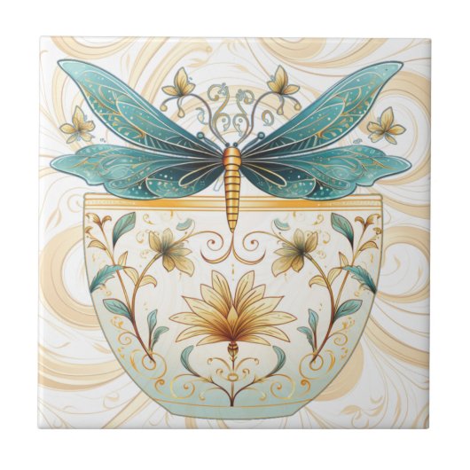 Spring dachte Whimsical Blue und Gold Dragonfly Fliese (Vorderseite)